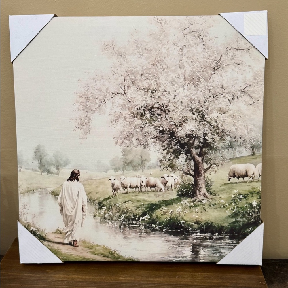 Pastoral Scene Canvas Art with Blossoming Tree Jesus and sheep